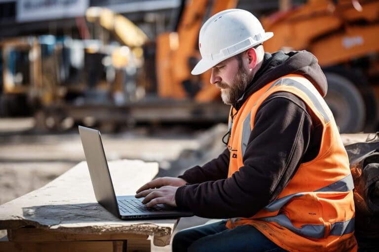 Contruction worker wearing Hi-Vis and a white hardhat working off a laptop in a construction site with large machinery in the background.