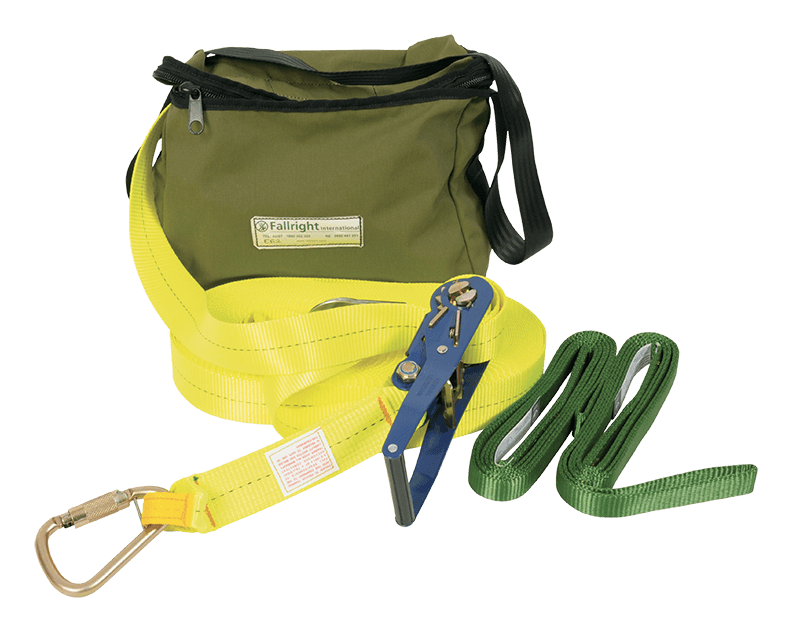 Temporary lifeline kit with webbing, ratchet tensioner, karabiner, and storage bag